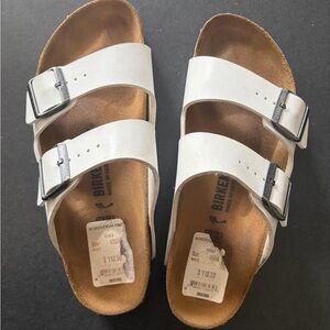 Birkenstock White Two-Strap Leather Sandals with Silver Buckles